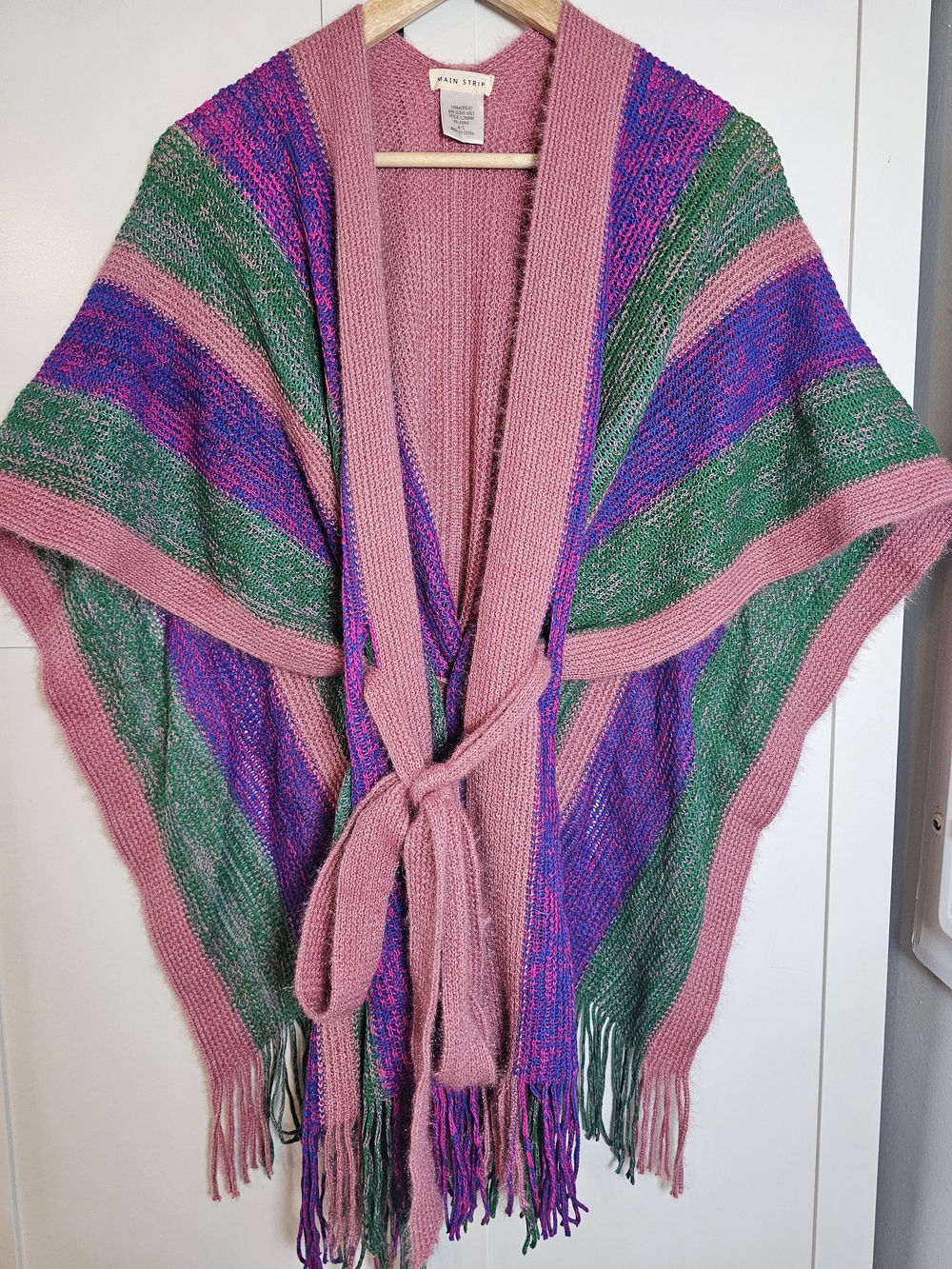 MAIN STRIP Boho Striped Fringed Knit Poncho Wrap Belted Cardigan M/L Eclectic
